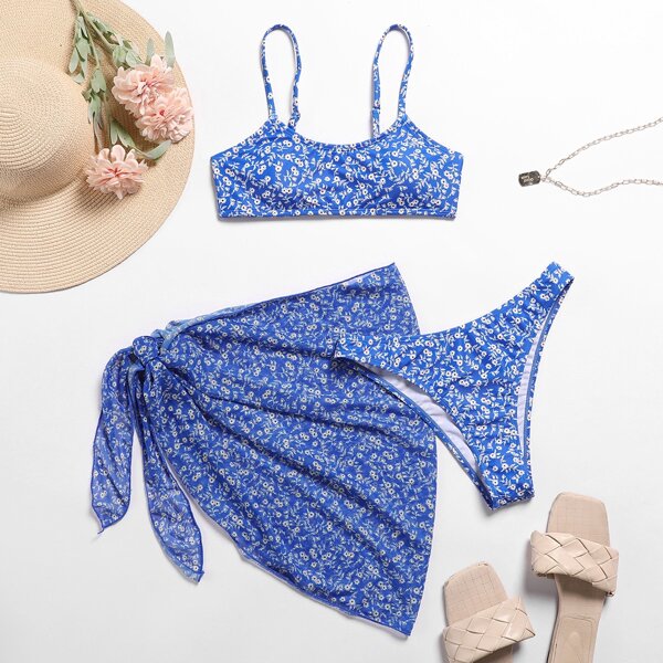 

3pack Ditsy Floral Print Bikini Swimsuit & Beach Skirt, Blue