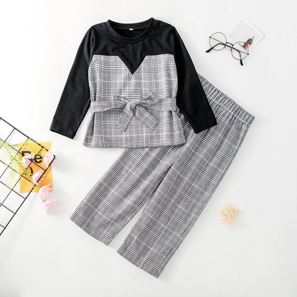 

Toddler Girls Plaid Belted Top & Pants, Black and white