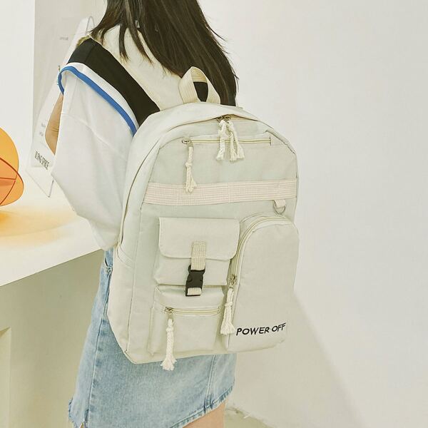 

Letter Graphic Buckle Decor Functional Backpack, Beige