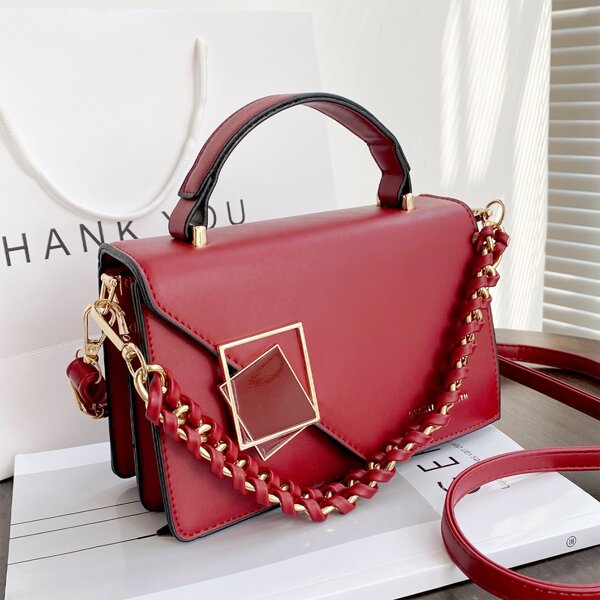 

Solid Chain Decor Satchel Bag, Red