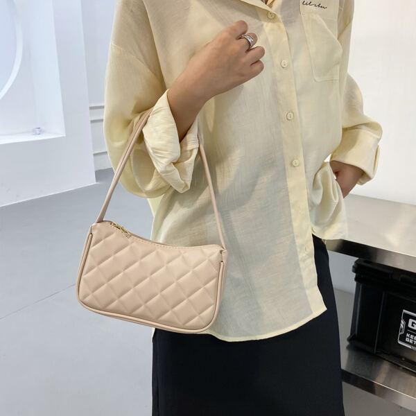 

Quilted Embossed Shoulder Baguette Bag, Khaki