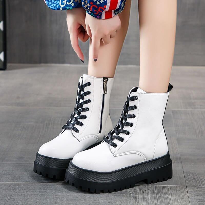 

Lace-up Front Side Zipper Platform Boots, White