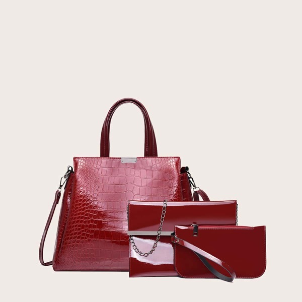 

3Pcs Solid Croc Embossed Bag Set, Red