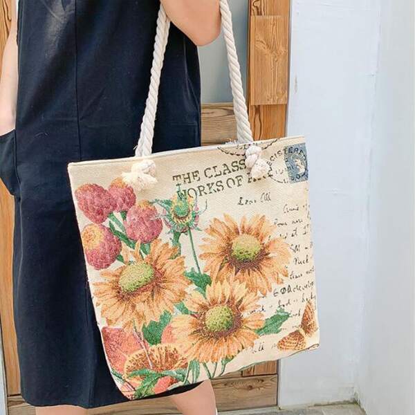 

Sunflower & Letter Graphic Shoulder Tote Bag, Multicolor
