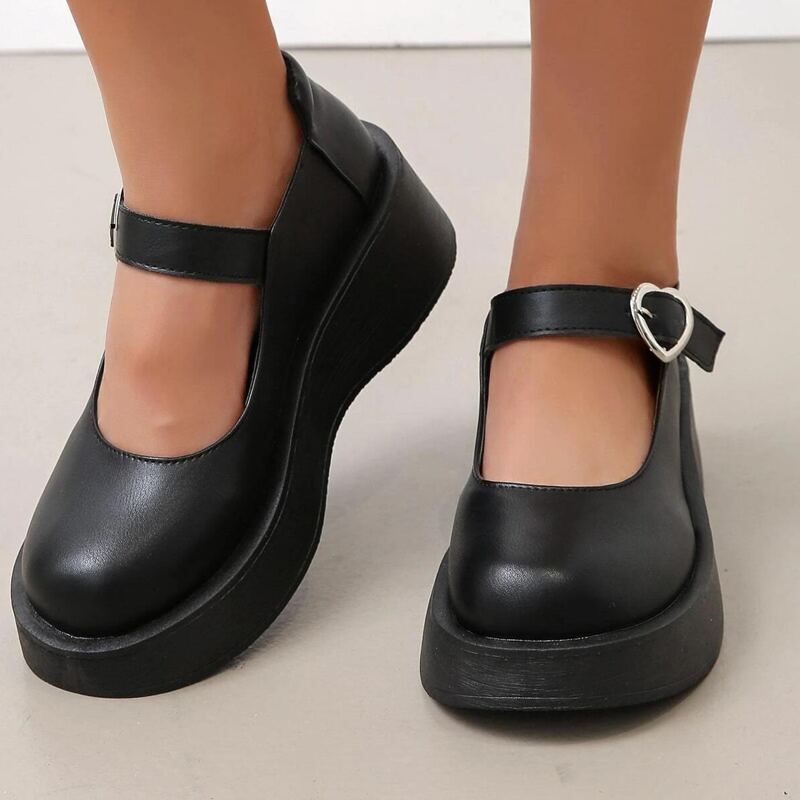 

Heart Buckle Platform Mary Janes, Black