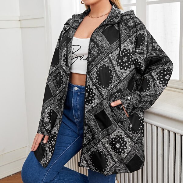 

Plus Paisley Scarf Print Drop Shoulder Drawstring Hooded Zipper Coat, Black and white