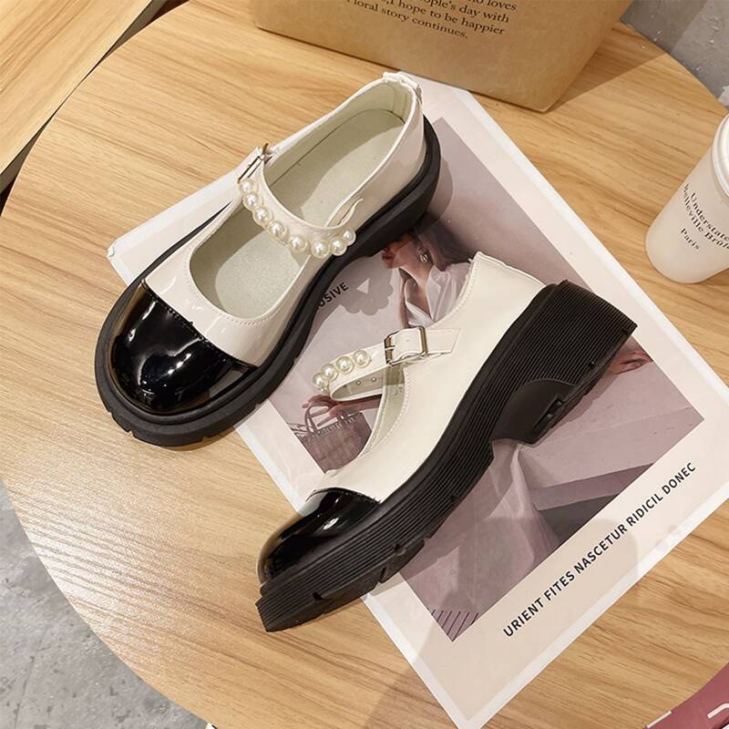 

Faux Pearl Decor Wedge Mary Janes, Black and white