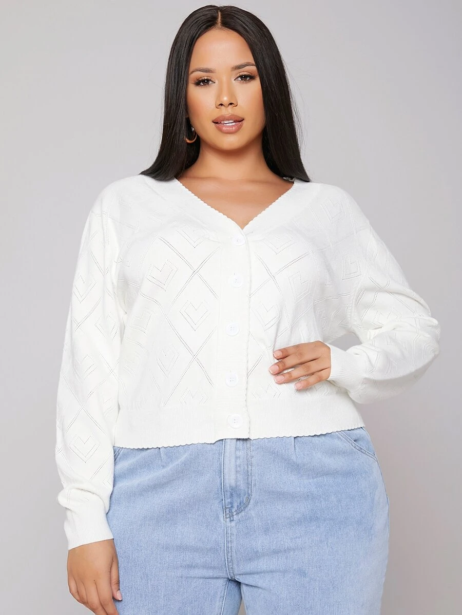 SHEIN 大碼網眼針織貝殼邊開襟衫 - 白色 - 查看 1