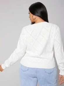 SHEIN 大碼網眼針織貝殼邊開襟衫 - 白色 - 查看 2