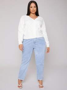 SHEIN 大碼網眼針織貝殼邊開襟衫 - 白色 - 查看 3