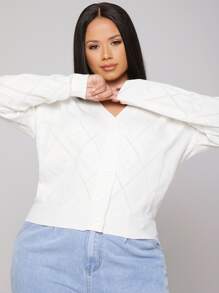 SHEIN 大碼網眼針織貝殼邊開襟衫 - 白色 - 查看 4