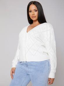 SHEIN 大碼網眼針織貝殼邊開襟衫 - 白色 - 查看 5