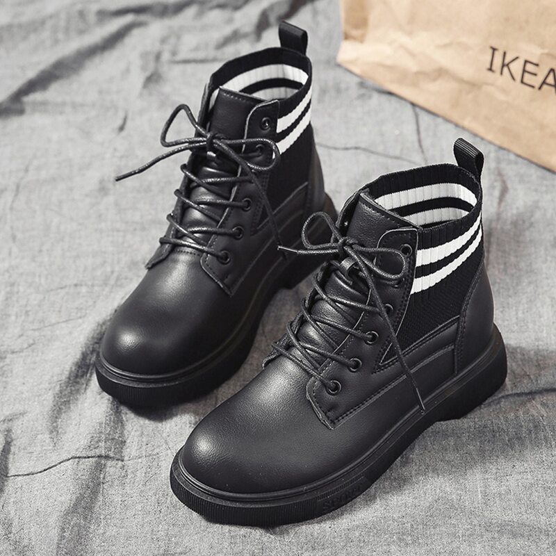 

Striped Lace-up Front Boots, Black