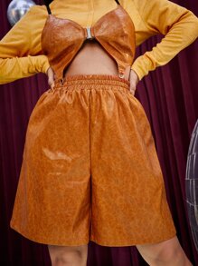 SHEIN SXY Plus Elastic Waist PU Leather Shorts - Brown - View 5