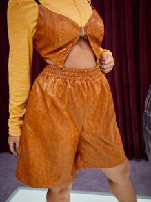 SHEIN SXY Plus Elastic Waist PU Leather Shorts - Brown - View 1