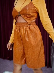 SHEIN SXY Plus Elastic Waist PU Leather Shorts - Brown - View 6