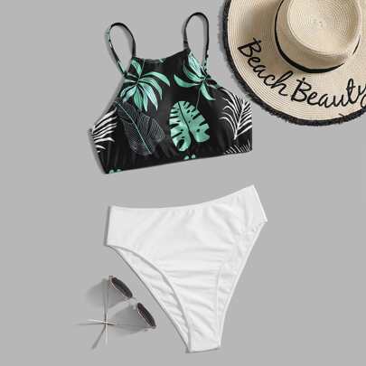 Plant Print High Waisted Bikini Swimsuit