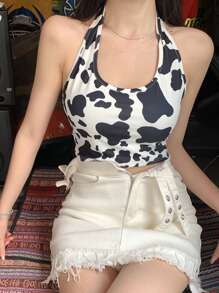 奶牛圖案繞頸短上衣 - 黑與白 - 查看 1