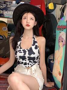 奶牛圖案繞頸短上衣 - 黑與白 - 查看 2