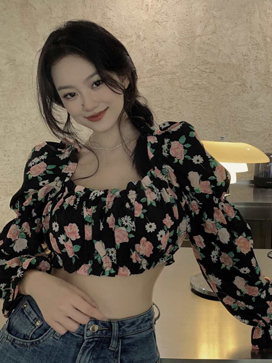 滿身花卉褶邊短款上衣 - 彩色 - 查看 1