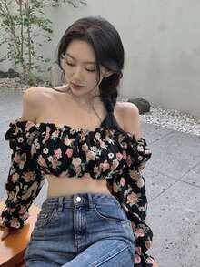 滿身花卉褶邊短款上衣 - 彩色 - 查看 2