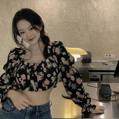 보헤미안 프릴 러플 플로랄 올 오버 프린트 블라우스