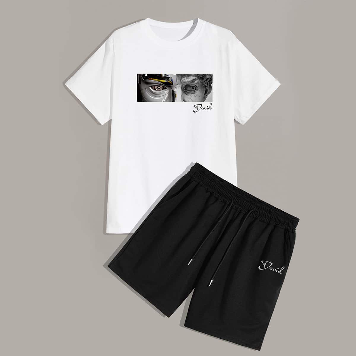 

Guys Figure & Letter Graphic Tee With Shorts, Black and white