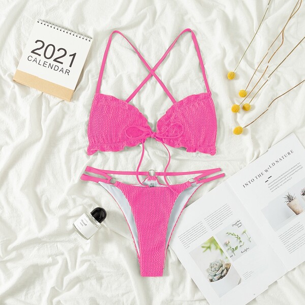 

Textured Frill Trim Thong Bikini Swimsuit, Pink