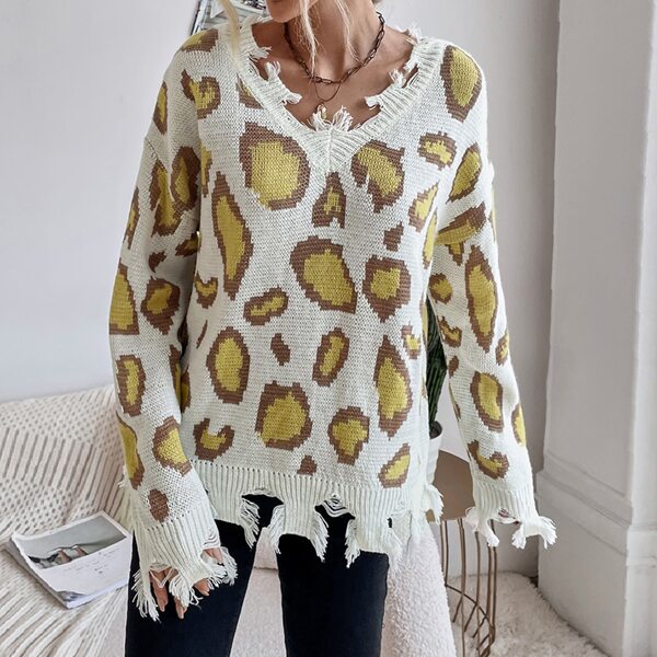 

Leopard Pattern Drop Shoulder Distressed Trim Sweater, Multicolor