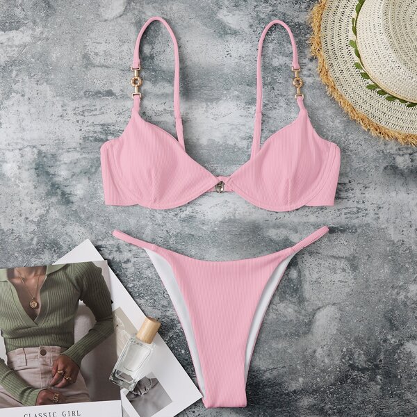 

Ribbed Chain Linked Push Up Bikini Swimsuit, Baby pink