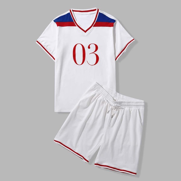 

Men Contrast Binding Color-block Basketball Jersey Set, White