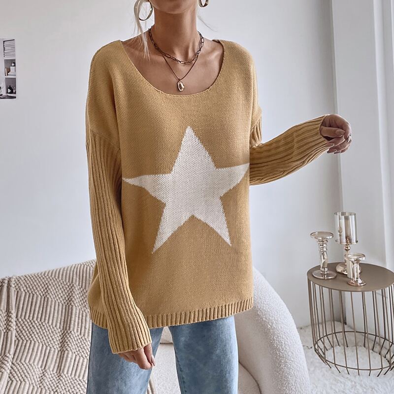 

Star Pattern Drop Shoulder Sweater, Khaki