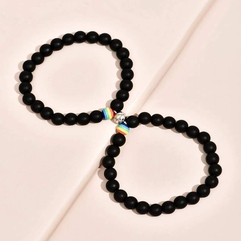 

Guys 2pcs Rainbow Stripe Magnetic Bracelet, Multicolor