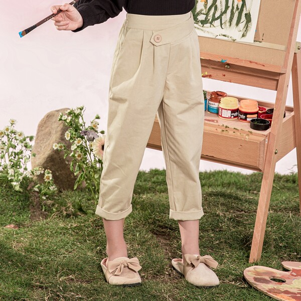 

Girls Solid Fold Pleated Cropped Pants, Khaki