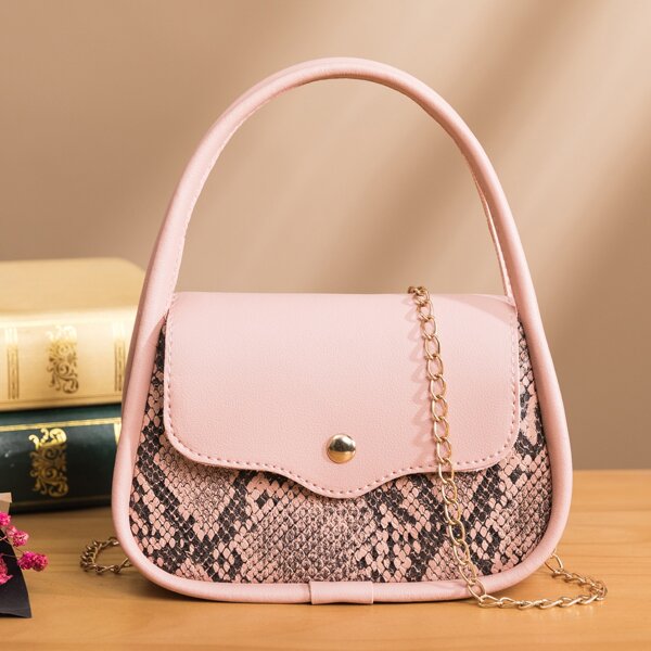

Snakeskin Print Twist Lock Satchel Bag, Multicolor