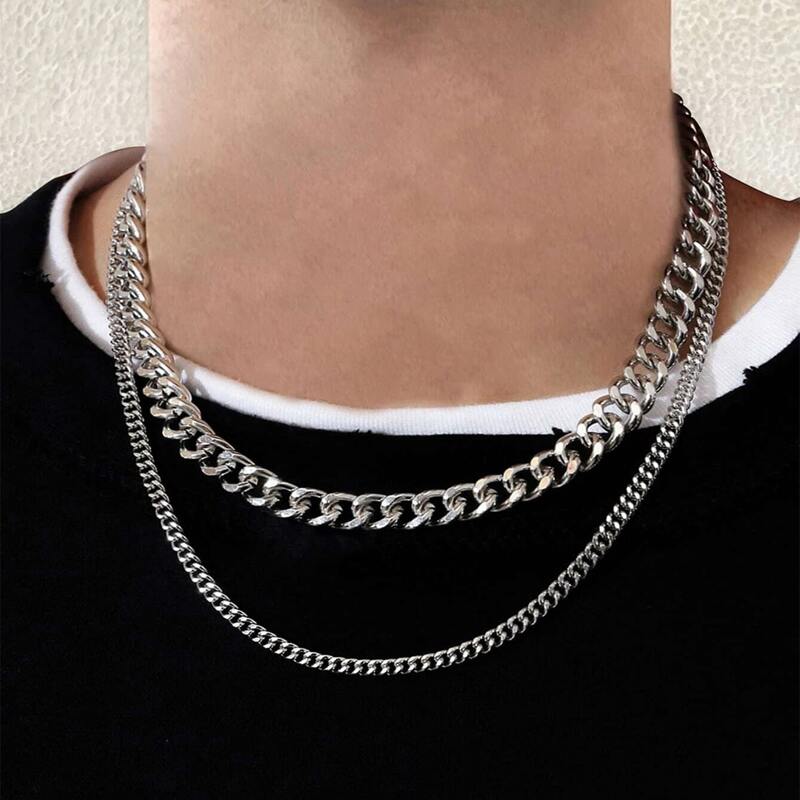 

Guys 2pcs Minimalist Chain Necklace, Silver