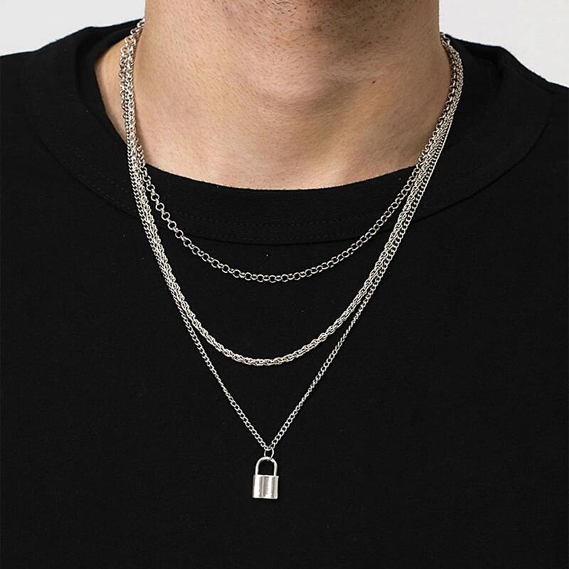 

Guys Lock Pendant Layered Chain Necklace, Silver