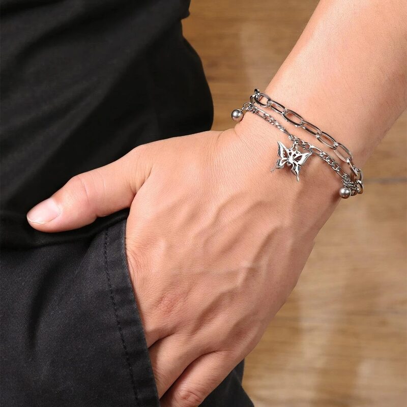 

Guys Butterfly Charm Chain Bracelet, Silver