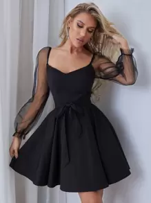 SHEIN Privé Đầm Thắt lưng Tương phản Mesh viền lá sen cắt màu trơn Giải trí - màu đen - Xem 3