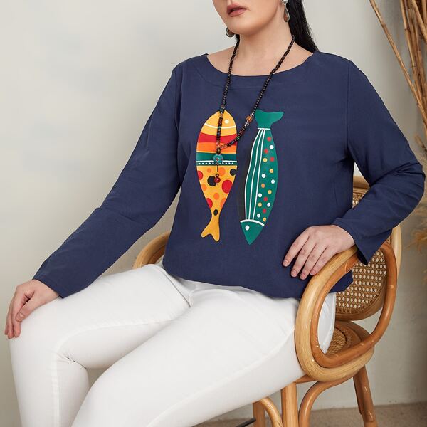 

Plus Cartoon Fish Print Round Neck Blouse, Blue