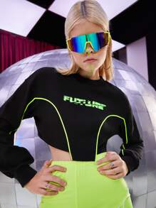 SHEIN Letter Graphic Drop Shoulder Contrast Piping Pullover, Neon Glow Party Outfit - Black - View 6