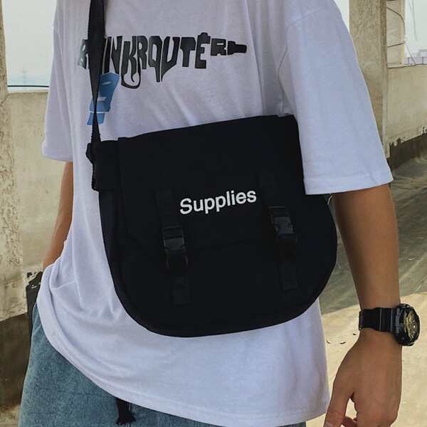 

Men Release Buckle Detail Letter Graphic Square Bag, Black