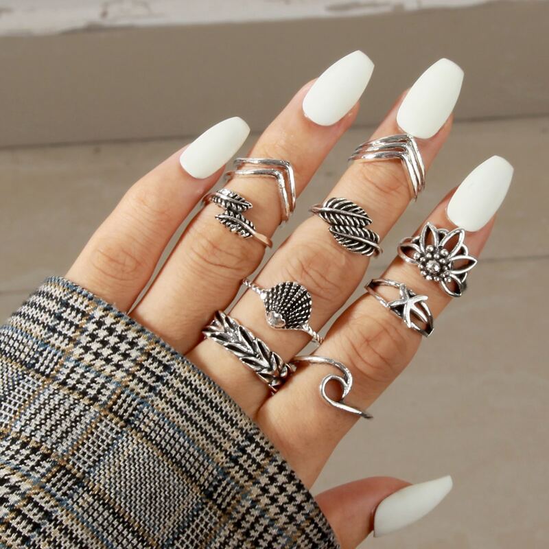 

12pcs Shell & Leaf Decor Ring, Antique silver