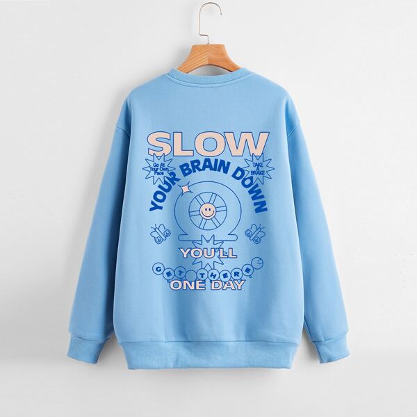 

Cartoon & Slogan Graphic Thermal Lined Sweatshirt, Baby blue