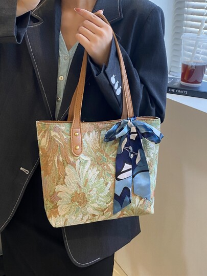 Twilly Scarf Decor Floral Pattern Shoulder Tote Bag