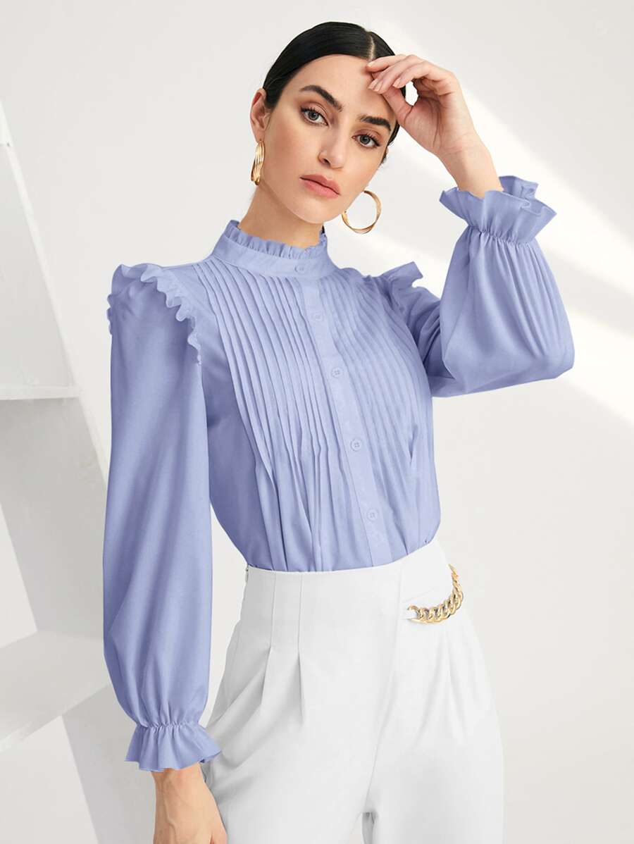 SHEIN BIZwear Blus Frill Berlipat Ruffle Tombol Depan Plain Anggun - Purple - View 1