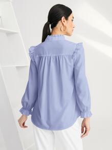 SHEIN BIZwear Blus Frill Berlipat Ruffle Tombol Depan Plain Anggun - Purple - View 2
