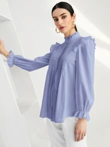 SHEIN BIZwear Blus Frill Berlipat Ruffle Tombol Depan Plain Anggun - Purple - View 3
