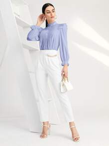 SHEIN BIZwear Blus Frill Berlipat Ruffle Tombol Depan Plain Anggun - Purple - View 4