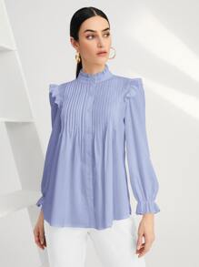 SHEIN BIZwear Blus Frill Berlipat Ruffle Tombol Depan Plain Anggun - Purple - View 5